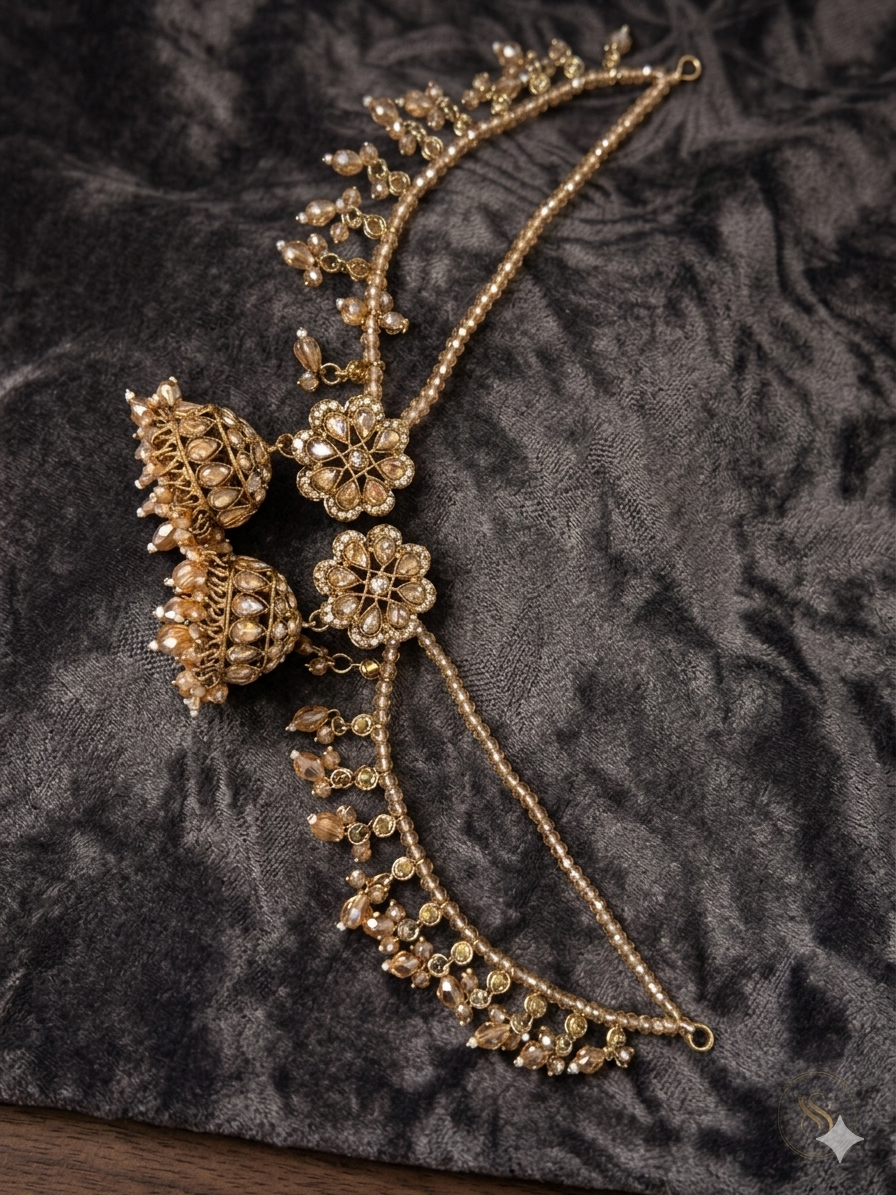 Champagne Elegance Jhumka Earrings with Beaded Chains