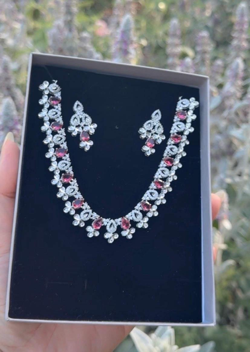D’s Rhodium-Plated Necklace & Earrings Set in Ruby Tarnish Free
