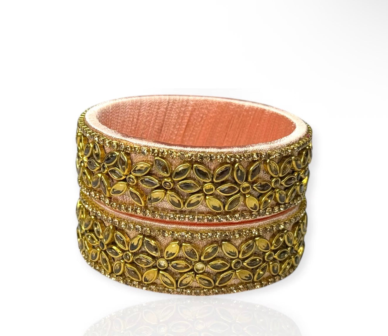 Elegant Peach Color Thread Design Metal Bangle Set Trendy Pearl Border Gold Plated Wedding Festive Wear