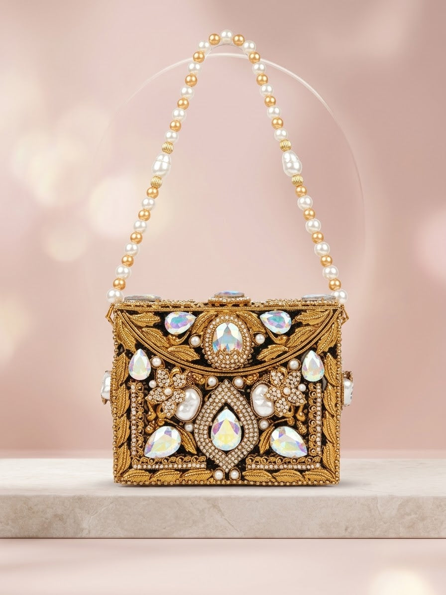 Meherma Luxury Handcrafted Metallic Box Clutch with Pearl Handle (Free Delivery)