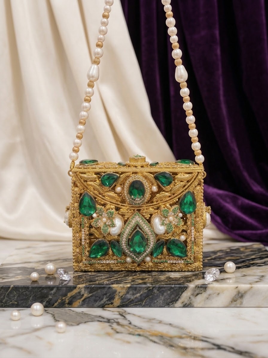 Meherma Luxury Handcrafted Metallic Box Clutch with Pearl Handle (Free Delivery)