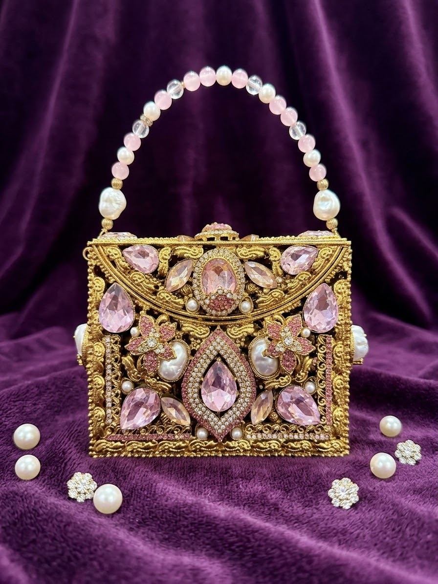 Meherma Luxury Handcrafted Metallic Box Clutch with Pearl Handle (Free Delivery)