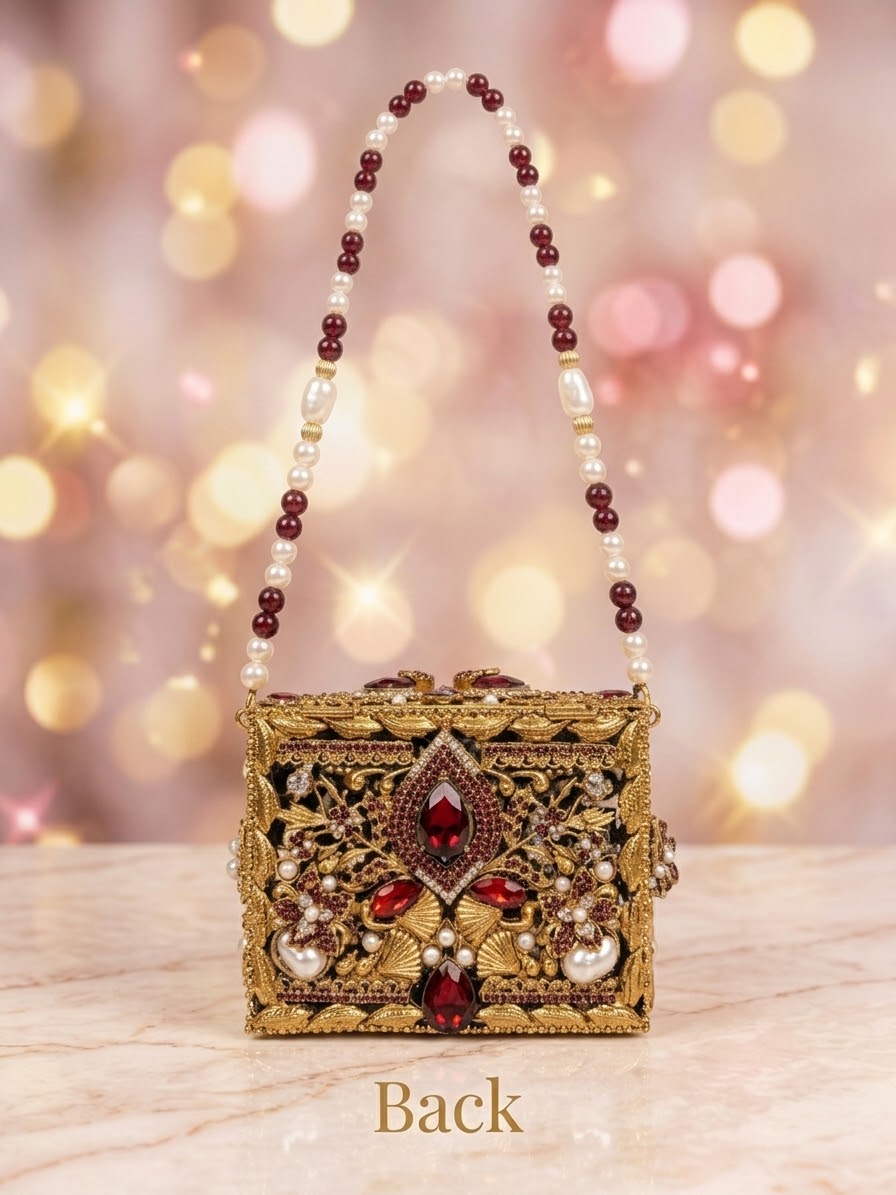 Meherma Luxury Handcrafted Metallic Box Clutch with Pearl Handle (Free Delivery)
