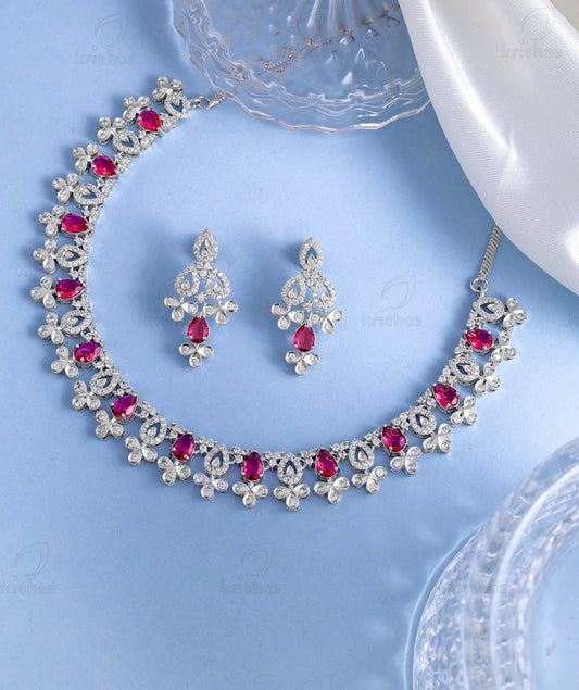 D’s Rhodium-Plated Necklace & Earrings Set in Ruby Tarnish Free