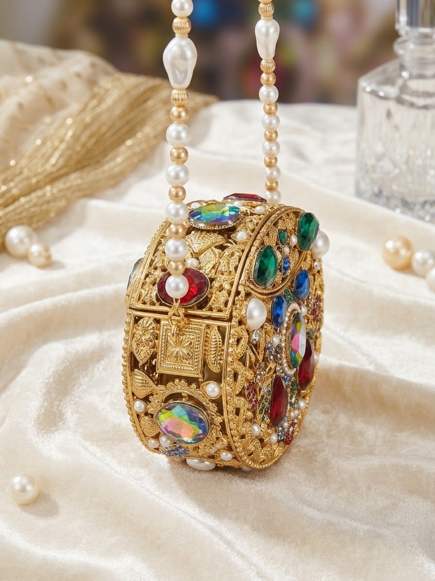 Luxury Embellished Royal Filigree Oval Clutch with beaded chain (Free Delivery)