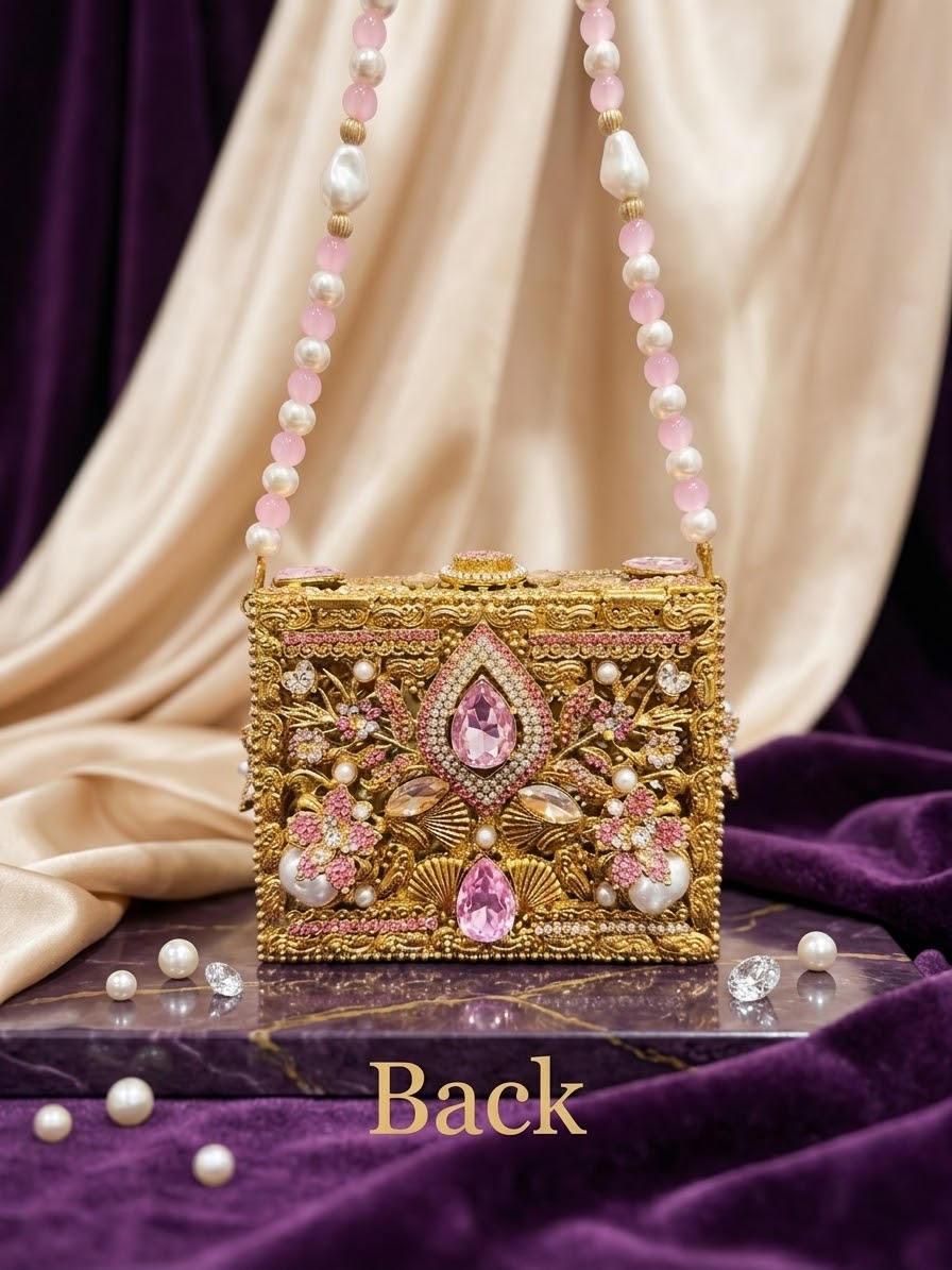 Meherma Luxury Handcrafted Metallic Box Clutch with Pearl Handle (Free Delivery)