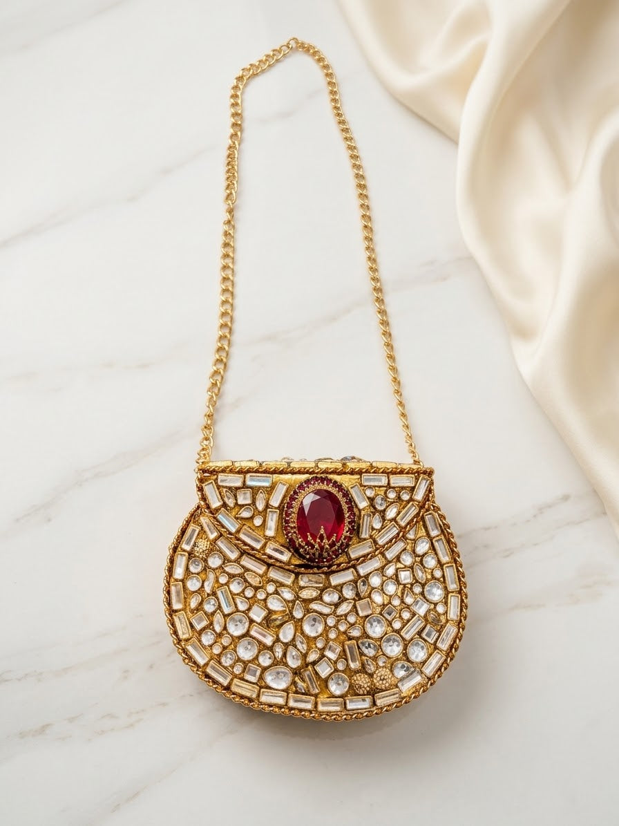 Red Mini Kundan Turkish Clutches Purse For Weddings Special Ocassions