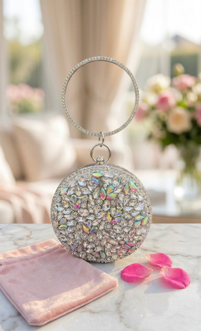 Celestial Sparkle Round Clutch – Silver Hand-Embellished Evening Bag