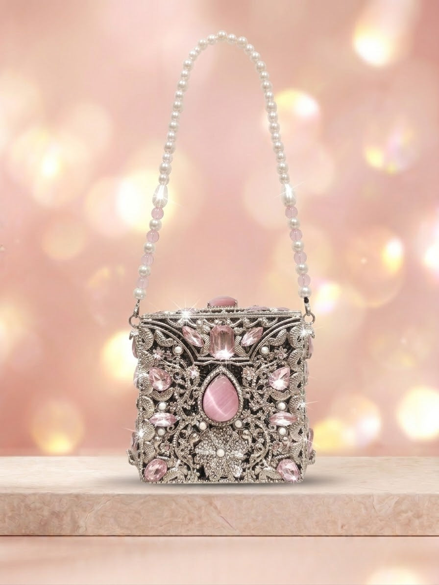 Meherma Luxury Handcrafted Metallic Box Clutch with Pearl Handle (Free Delivery)