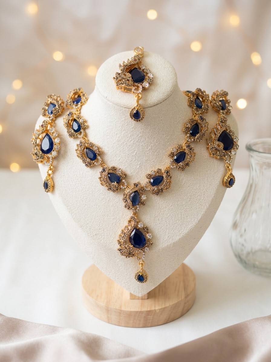 Luxurious Zirconia Necklace Set with Earrings & Tikka – Premium Bridal & Partywear Jewelry (Available in 5 Colors)