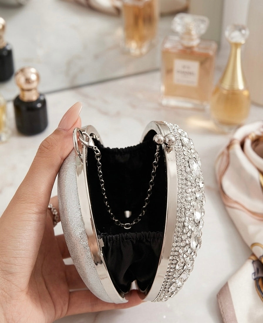 Celestial Sparkle Round Clutch – Silver Hand-Embellished Evening Bag