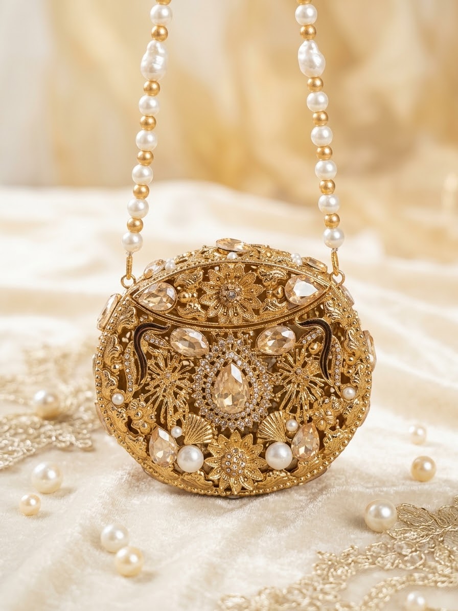 Luxury Embellished Royal Filigree Oval Clutch with beaded chain (Free Delivery)