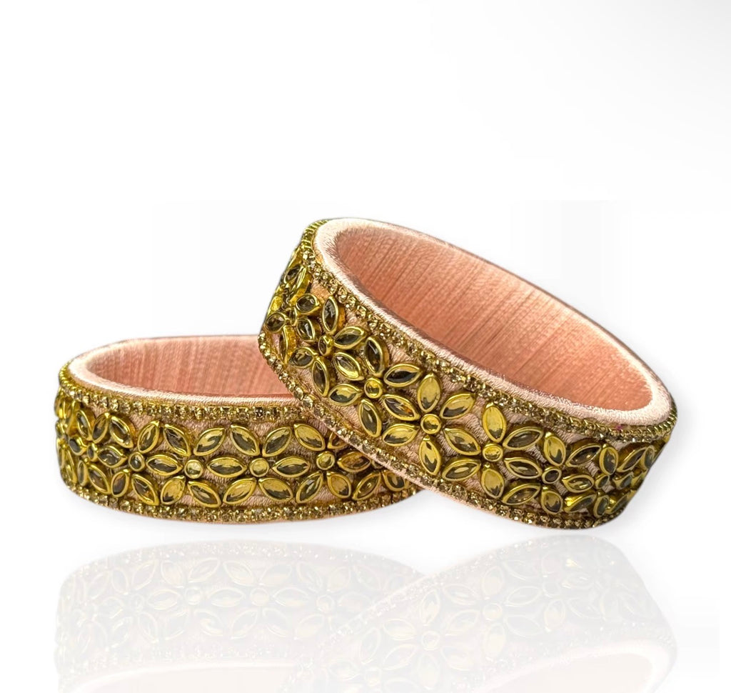 Elegant Peach Color Thread Design Metal Bangle Set Trendy Pearl Border Gold Plated Wedding Festive Wear