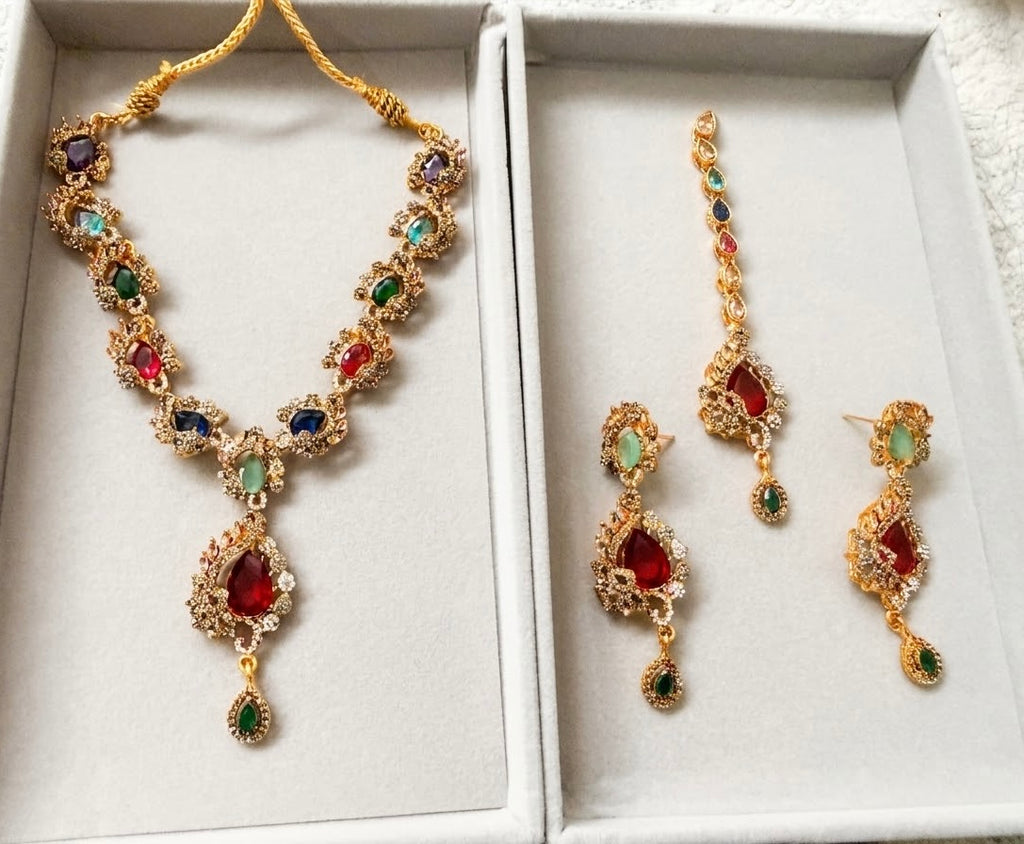Luxurious Zirconia Necklace Set with Earrings & Tikka – Premium Bridal & Partywear Jewelry (Available in 5 Colors)
