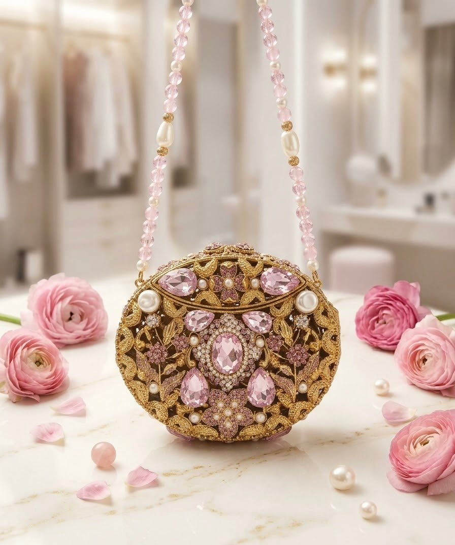 Luxury Embellished Royal Filigree Oval Clutch with beaded chain (Free Delivery)