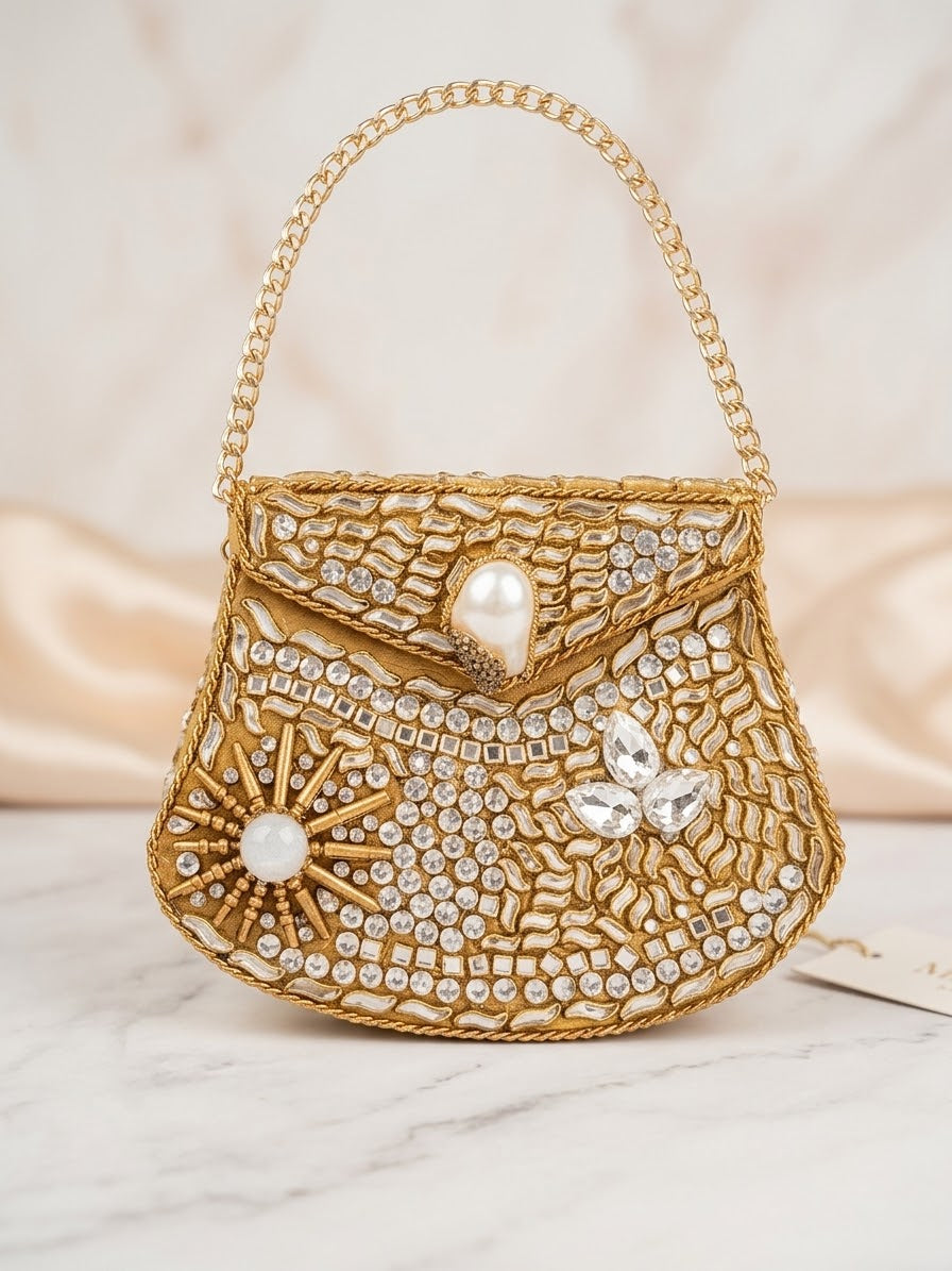 Embellished Gold Kundan Clutch Bag with Crystal & Turkish Pearl Accents
