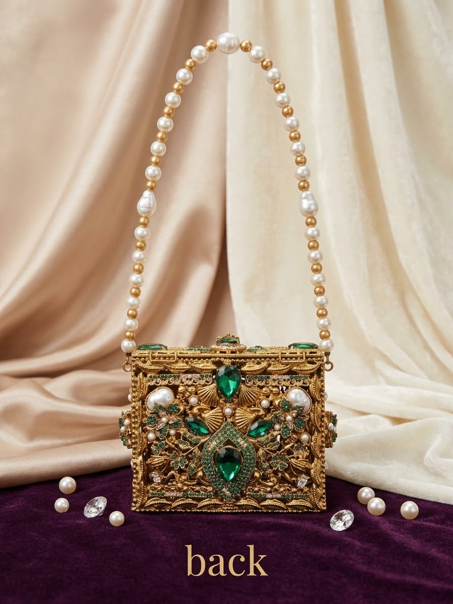 Meherma Luxury Handcrafted Metallic Box Clutch with Pearl Handle (Free Delivery)