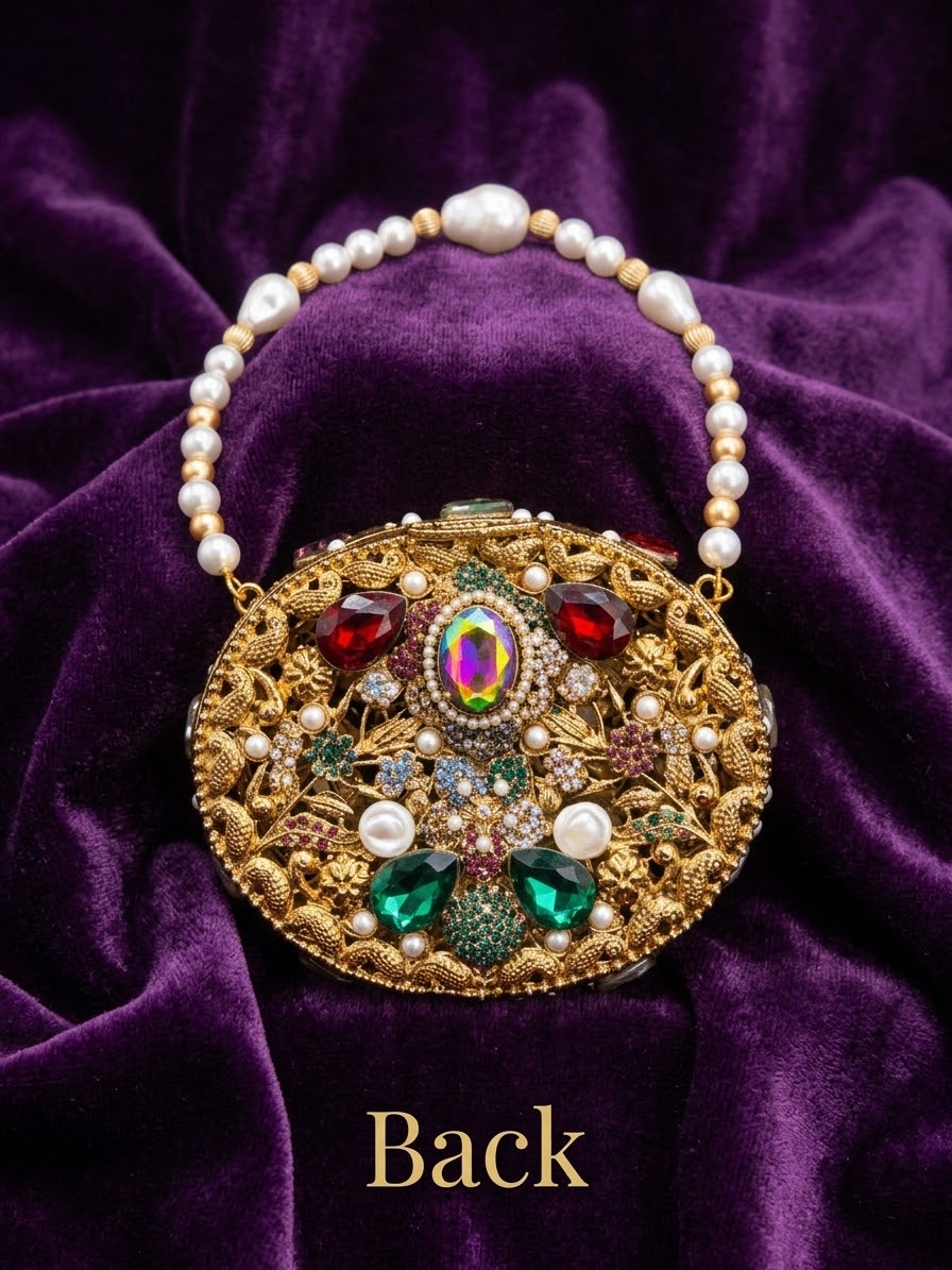 Luxury Embellished Royal Filigree Oval Clutch with beaded chain (Free Delivery)