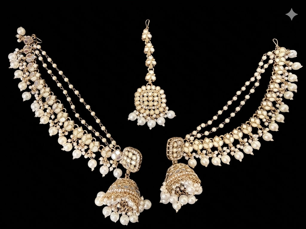 Kundan Jumka Saharay with Maang Tikka Set Earrings Imitation Jewelry