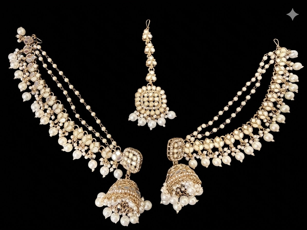 Kundan Jumka Saharay with Maang Tikka Set Earrings Imitation Jewelry