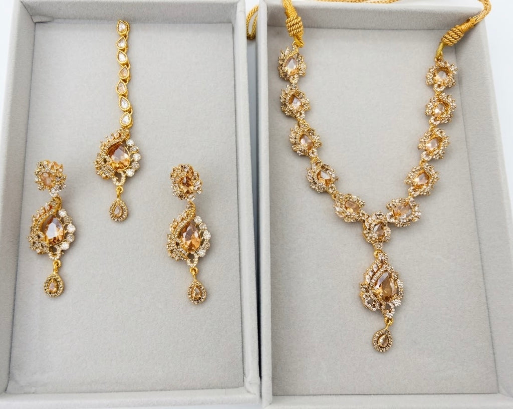 Luxurious Zirconia Necklace Set with Earrings & Tikka – Premium Bridal & Partywear Jewelry (Available in 5 Colors)
