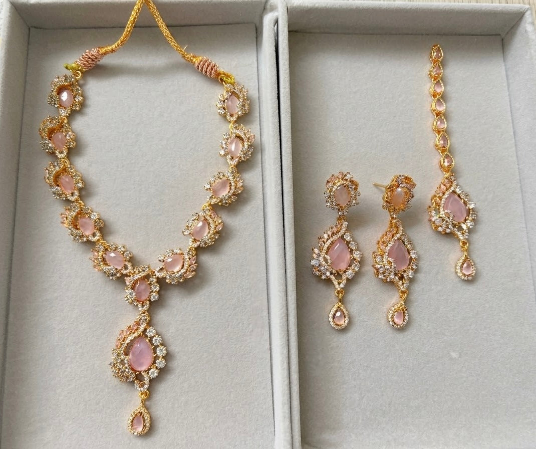 Luxurious Zirconia Necklace Set with Earrings & Tikka – Premium Bridal & Partywear Jewelry (Available in 5 Colors)