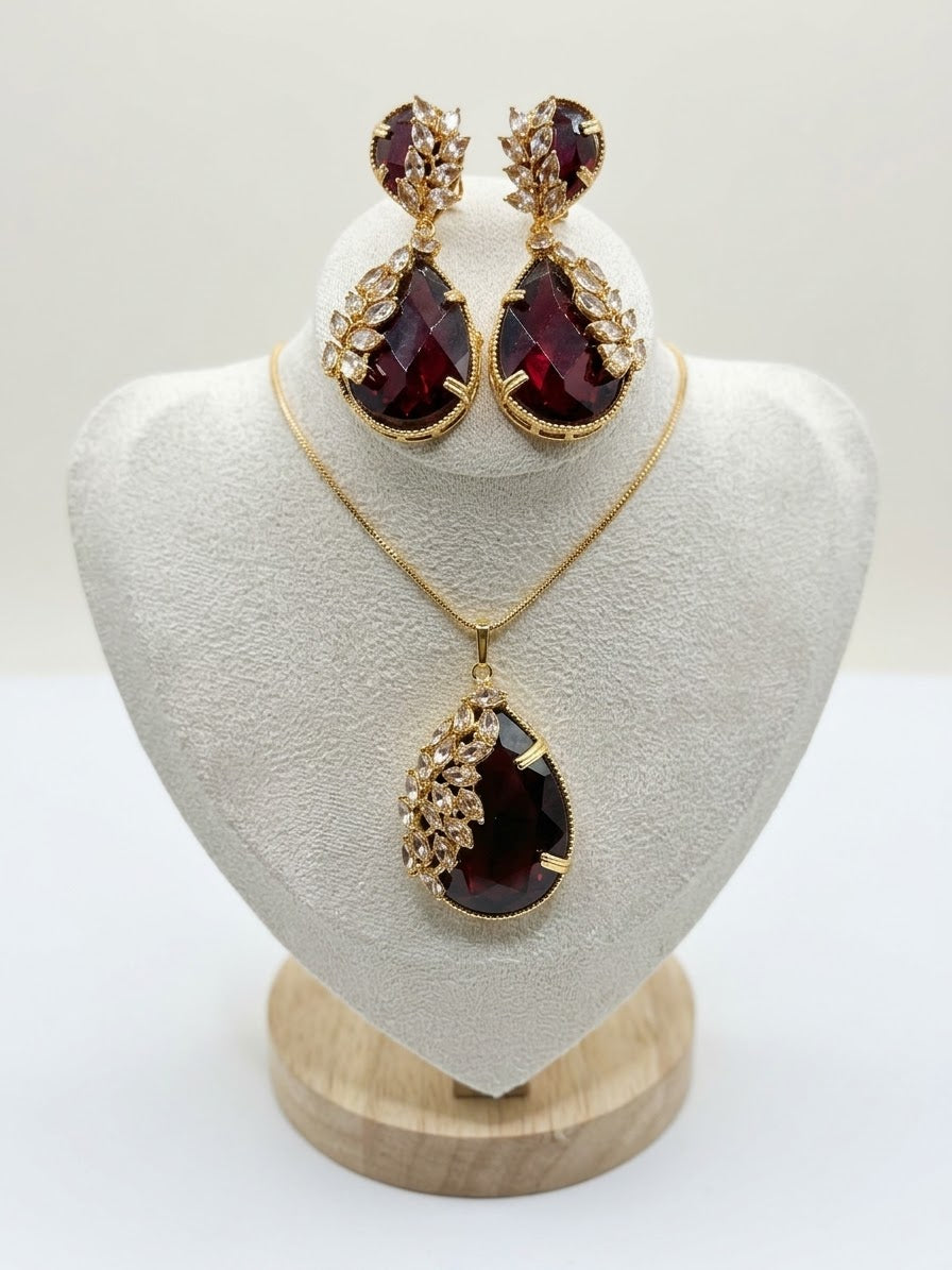 The Royal Garnet Leaf Pendant and Earrings Set (3 colors)