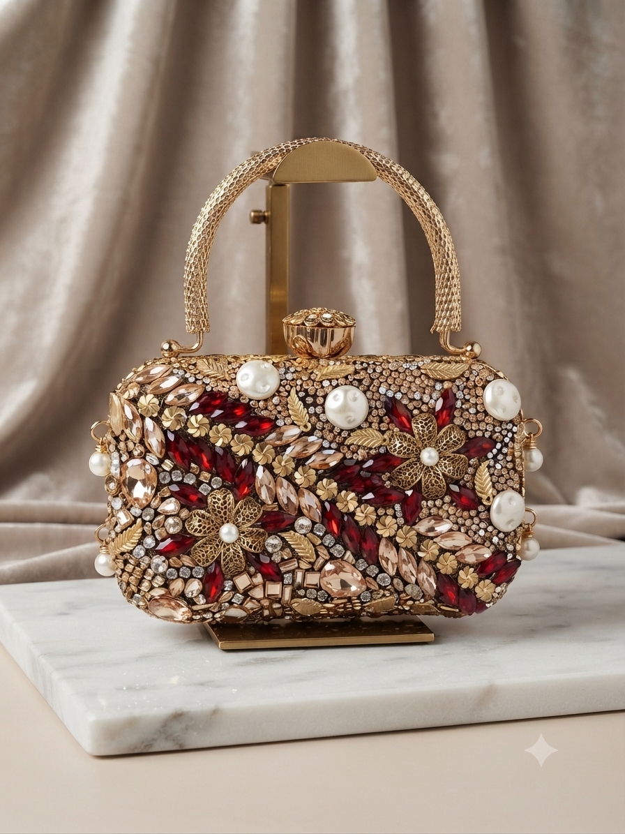 Red and Gold Elegant Crystal & Pearl Embellished Evening Clutch (Free Delivery)