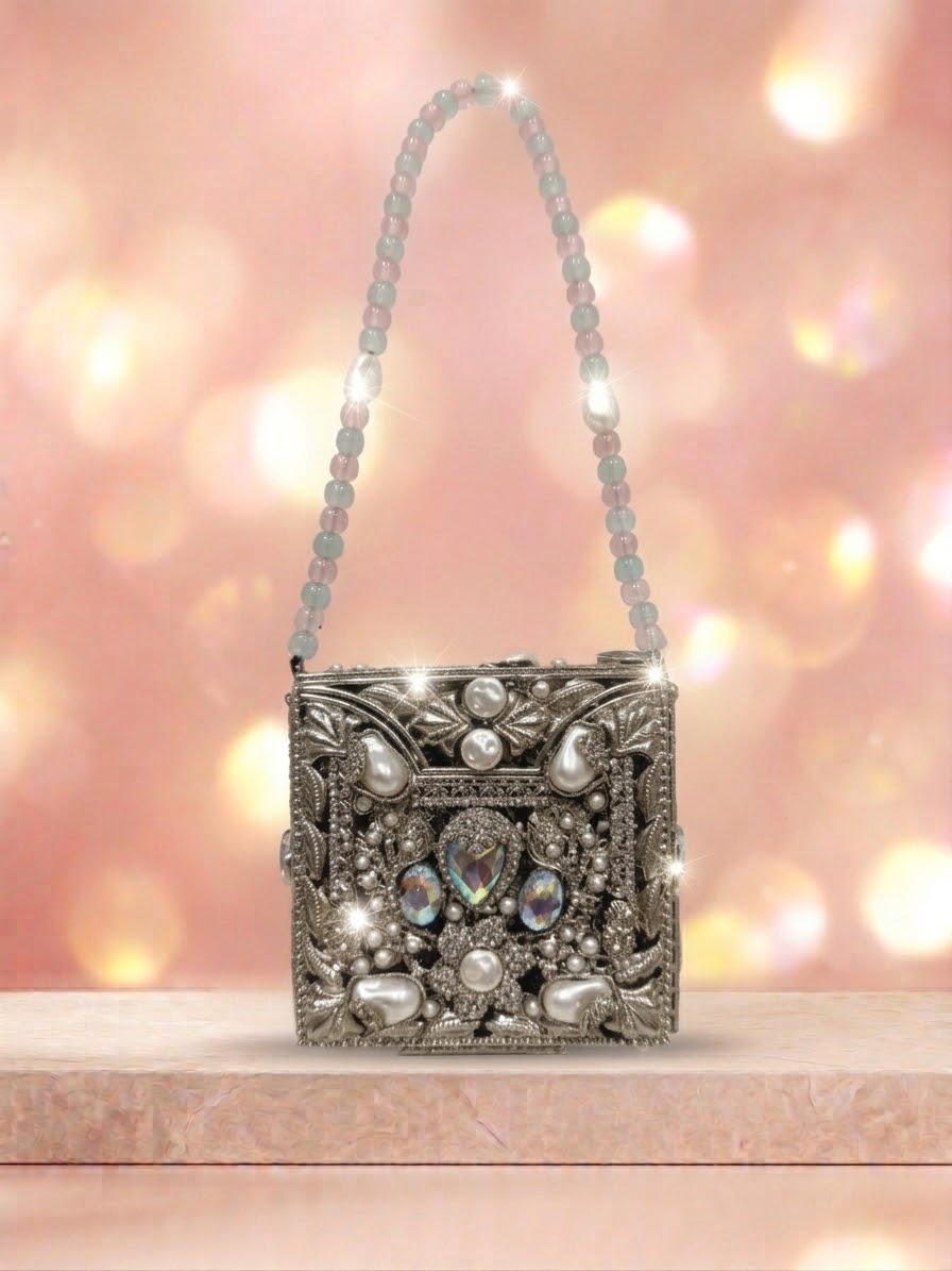 Meherma Luxury Handcrafted Metallic Box Clutch with Pearl Handle (Free Delivery)