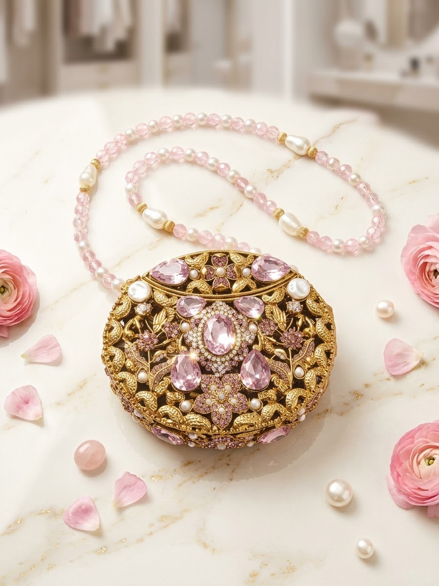 Luxury Embellished Royal Filigree Oval Clutch with beaded chain (Free Delivery)