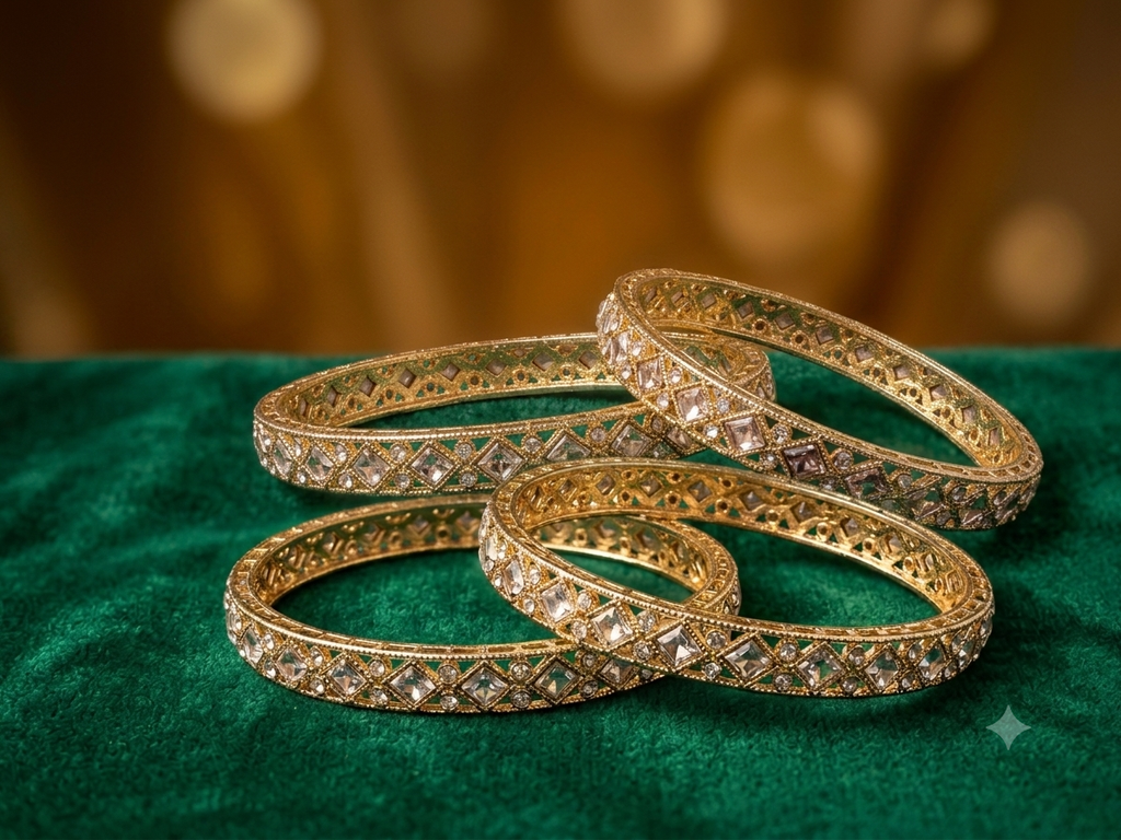 Premium Quality Gold Plated Pearl Bangle Imitation Jewelry (Set of 4)