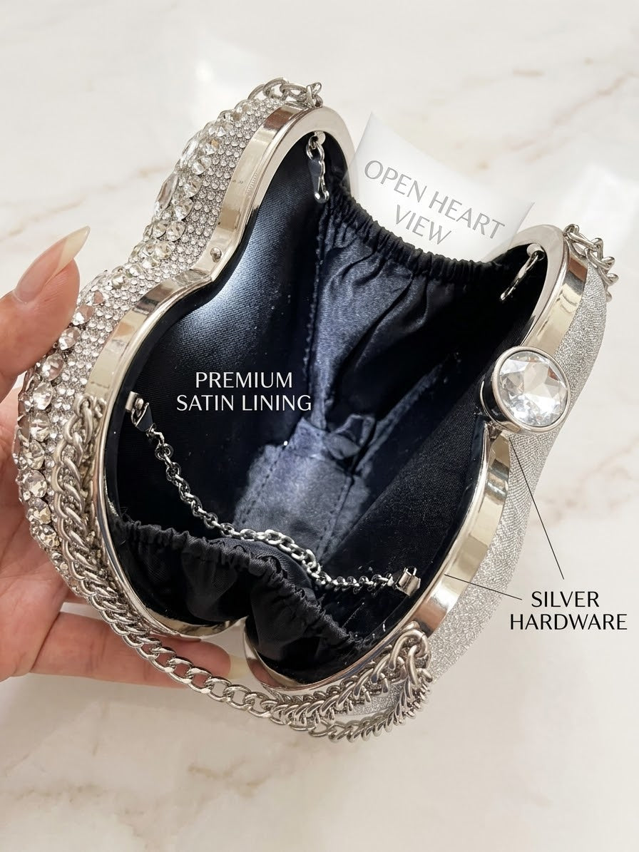 Sparkling Heart-Shaped Crystal Evening Clutch with Chains