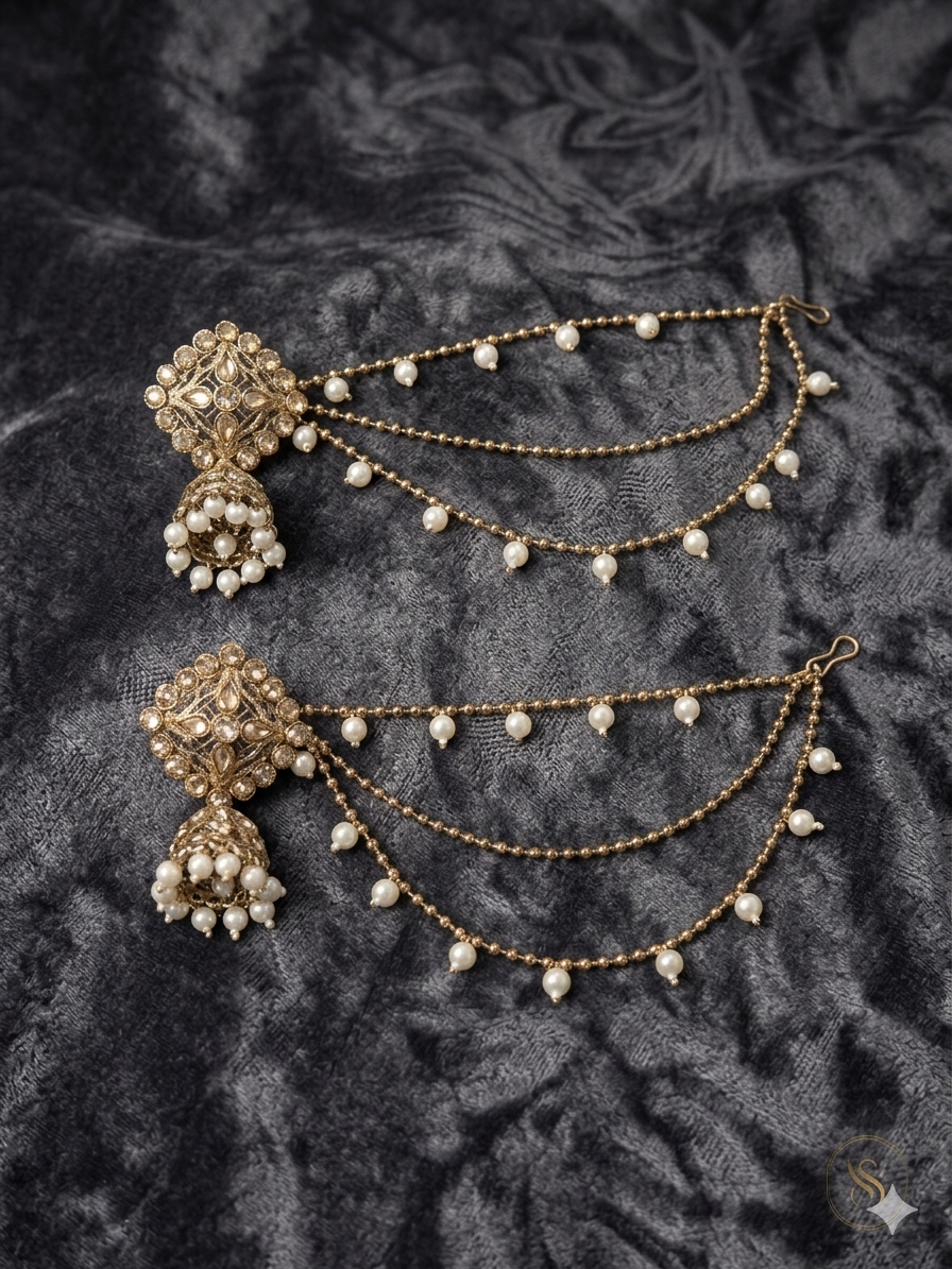 Elegant Pearl Chain Jhumka Saree Accessory Set – Traditional Polki Design with Earrings