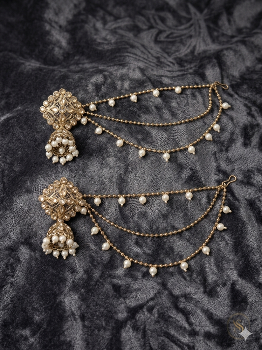 Elegant Pearl Chain Jhumka Saree Accessory Set – Traditional Polki Design with Earrings
