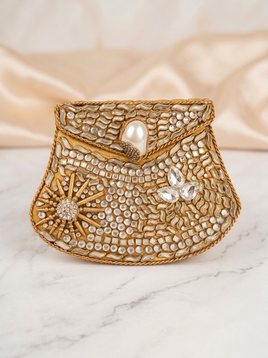 Embellished Gold Kundan Clutch Bag with Crystal & Turkish Pearl Accents
