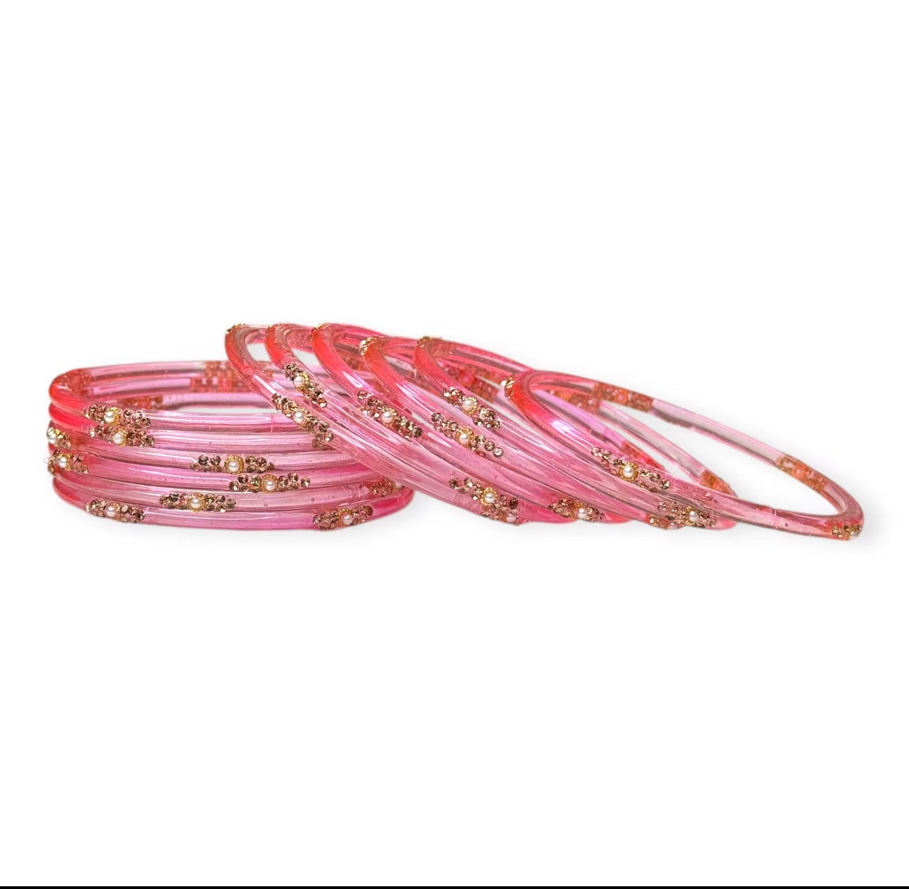 Light Pink Glass Bangles Pearl Detailing Trendy Elegant for Weddings and Special Occasions
