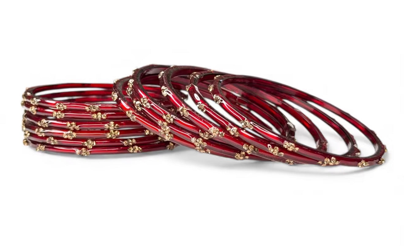 Maroon Glass Raindrop Bangle set with Pearl Cluster Gold Plated Kashmiri Bangles