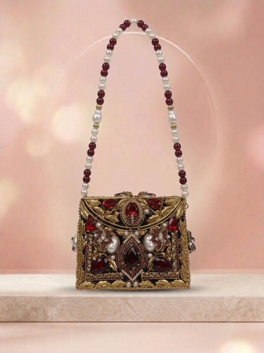 Meherma Luxury Handcrafted Metallic Box Clutch with Pearl Handle (Free Delivery)