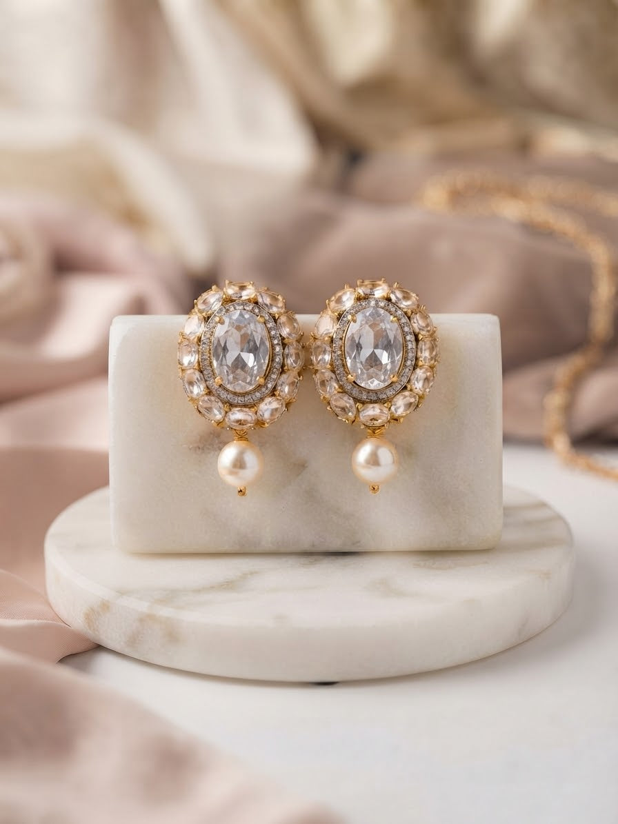 Crystal Glow Pearl Drop Earrings – Elegant Gold-Tone Statement Earrings for Weddings, Parties & Festive Occasions