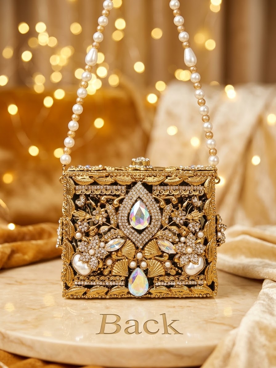 Meherma Luxury Handcrafted Metallic Box Clutch with Pearl Handle (Free Delivery)