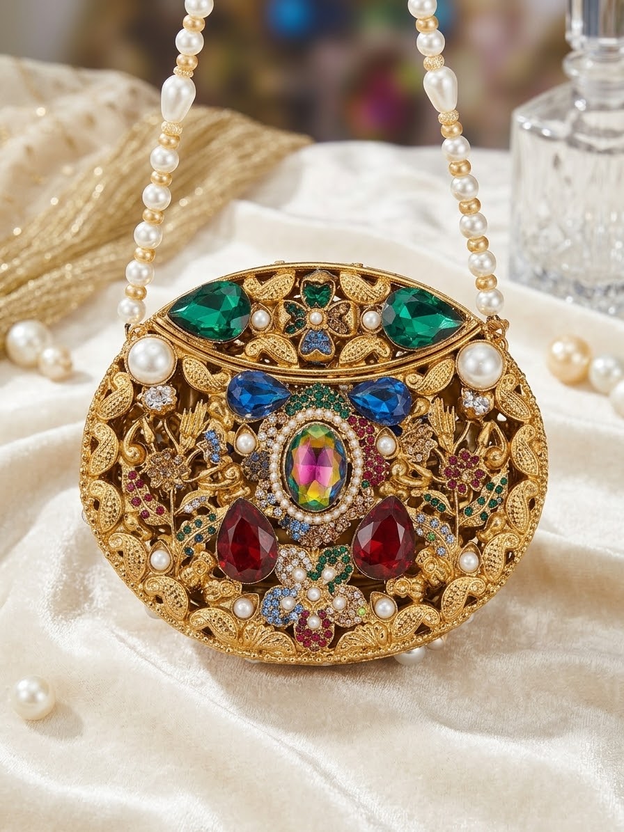 Luxury Embellished Royal Filigree Oval Clutch with beaded chain (Free Delivery)