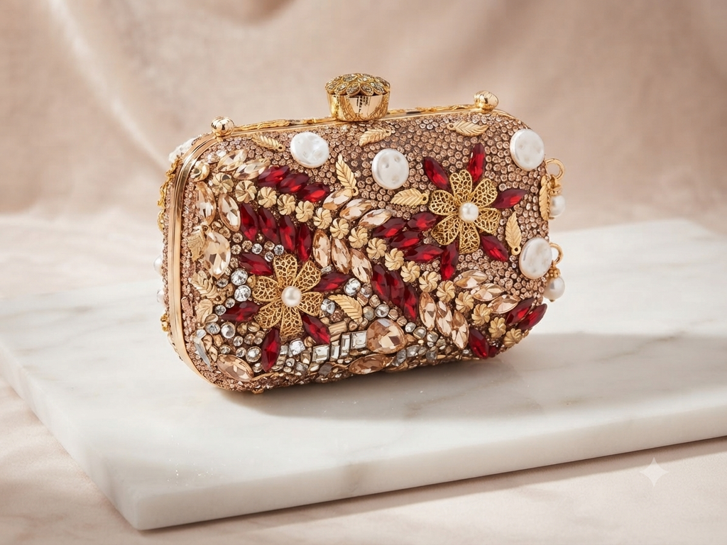 Red and Gold Elegant Crystal & Pearl Embellished Evening Clutch (Free Delivery)