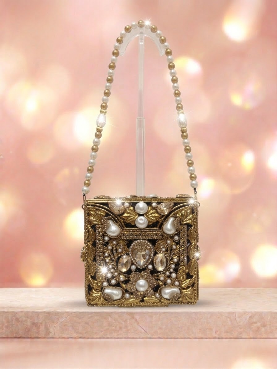 Meherma Luxury Handcrafted Metallic Box Clutch with Pearl Handle (Free Delivery)