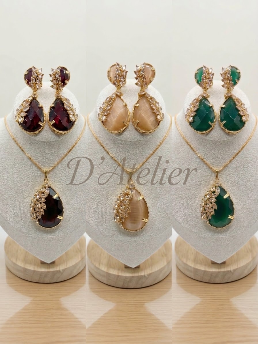 The Royal Garnet Leaf Pendant and Earrings Set (3 colors)