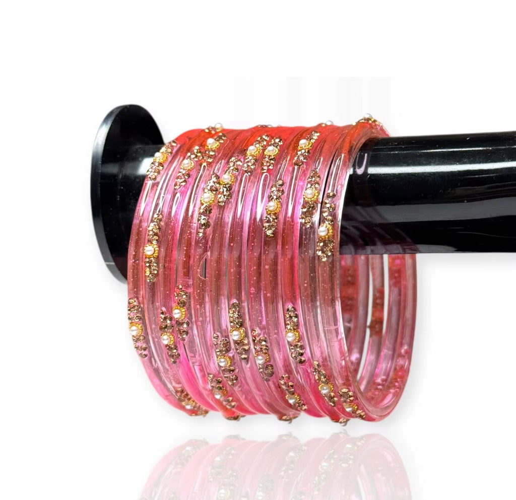 Light Pink Glass Bangles Pearl Detailing Trendy Elegant for Weddings and Special Occasions