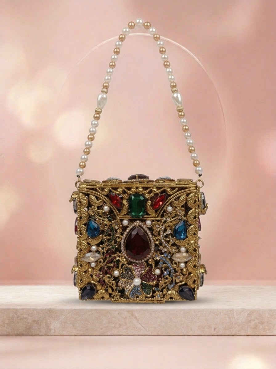 Meherma Luxury Handcrafted Metallic Box Clutch with Pearl Handle (Free Delivery)