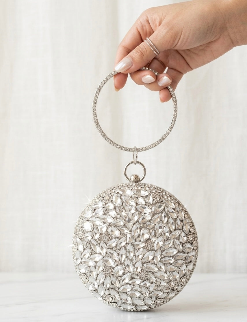 Celestial Sparkle Round Clutch – Silver Hand-Embellished Evening Bag