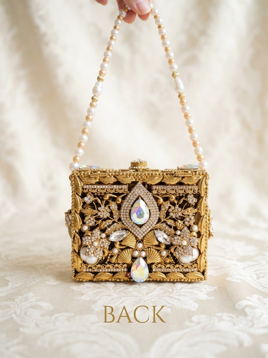 Meherma Luxury Handcrafted Metallic Box Clutch with Pearl Handle (Free Delivery)
