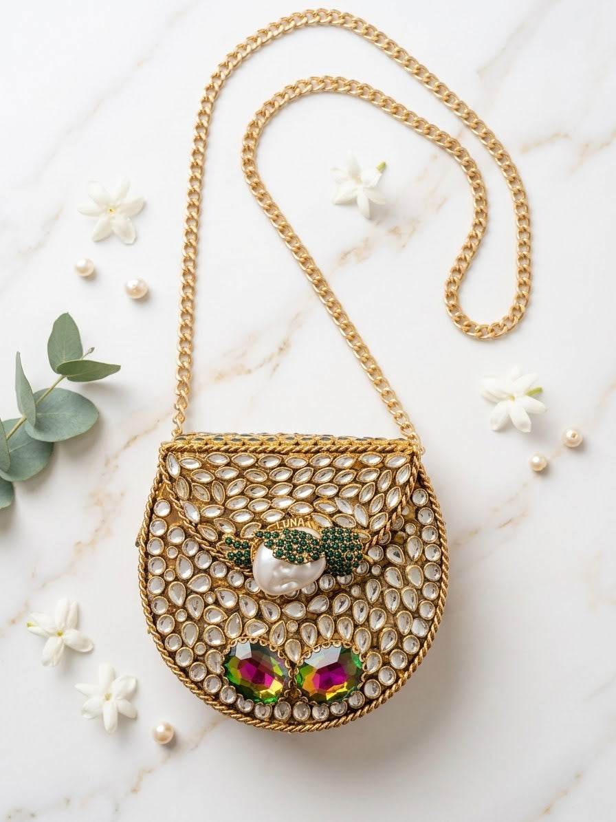 Mini Kundan Clutch Pink and Mint Green with Chain