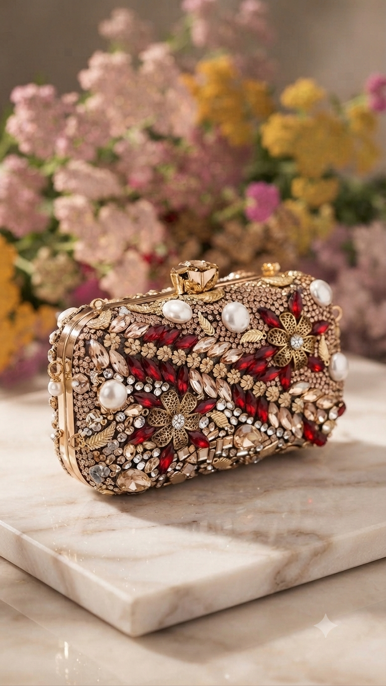 Red and Gold Elegant Crystal & Pearl Embellished Evening Clutch (Free Delivery)